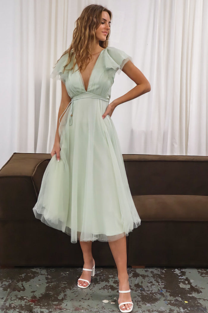 Athena Tulle Midi Dress - Light Sage - Runway Goddess