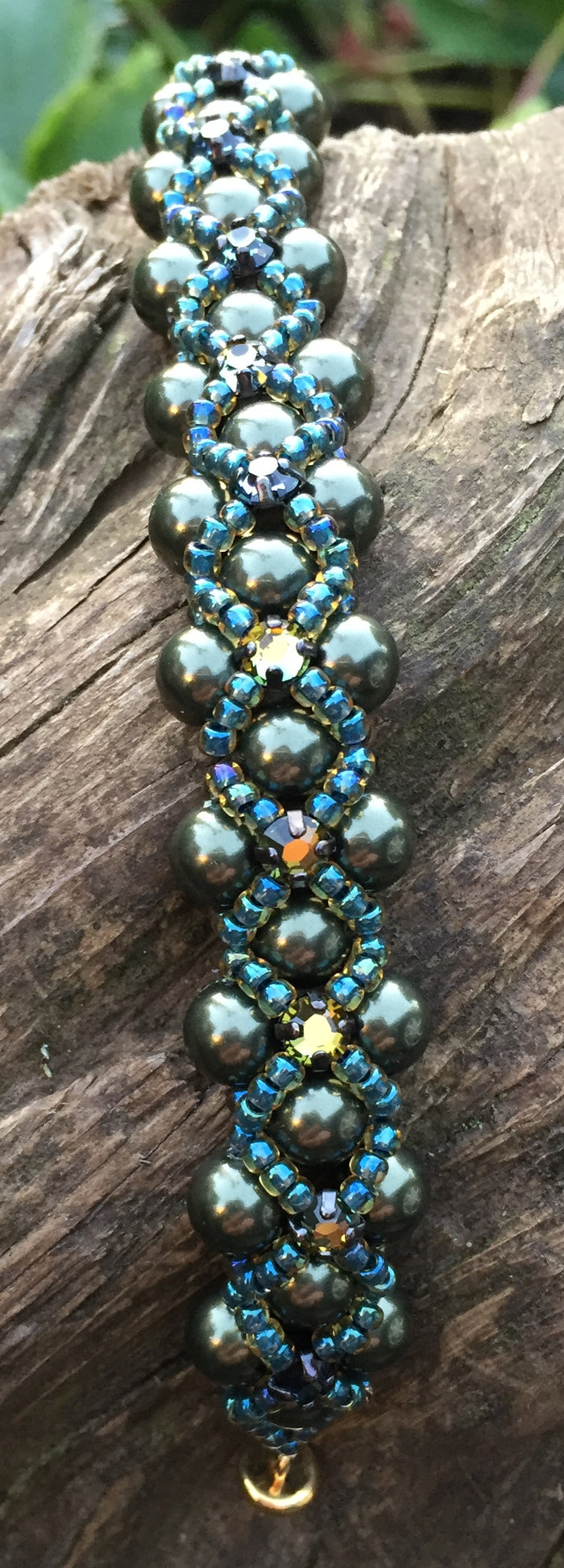 Beaded Bracelet - Pearl Monster - Dark Green, Capri Blue and Golden Tabac