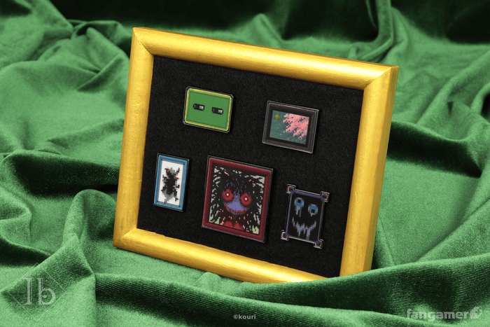 A set of five Ib lenticular pins in one of their two states. There’s a frame with a black hole at the center, a bloody blue face, a pair of open eyes, an abstract space image, and a blue doll with wild hair. They're photographed inside a yellow frame, against a velvety green background, this time at an angle to change the image that's visible.