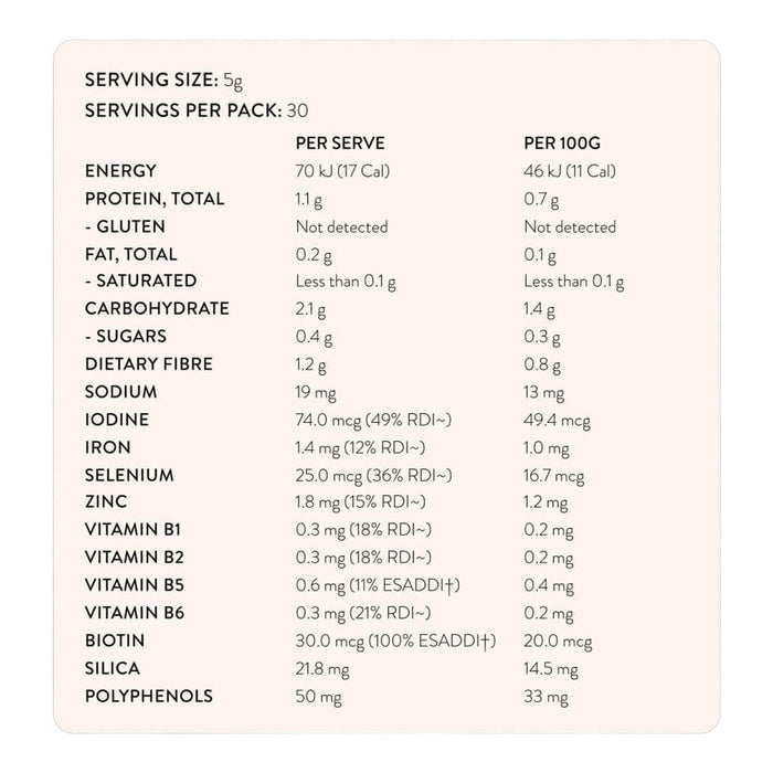 A nutrition facts panel for Hair Ritual, showing nutritional information per serve and per 100g on a pale pink background.