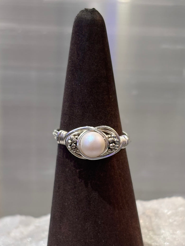 Handmade Wirewrap Pearl Sterling Ring Size 7