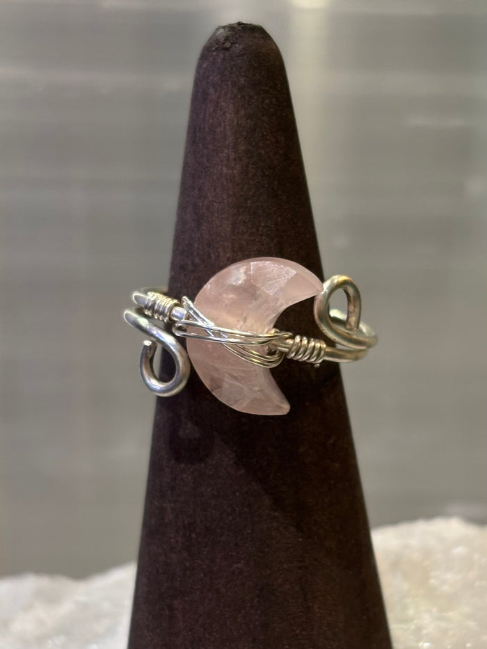 Handmade Wirewrap Rose Quartz Crescent Moon Sterling Ring Size 8