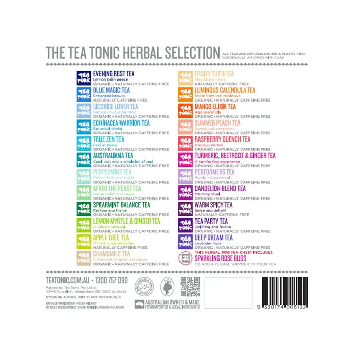 Back of a tea box package showing 'THE TEA TONIC HERBAL SELECTION' with multiple colored tea variety labels arranged in two columns, plus branding, website, and barcode at the bottom.