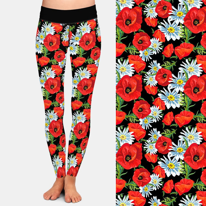 Ladies Beautiful Black Poppy Flowers Printed Leggings