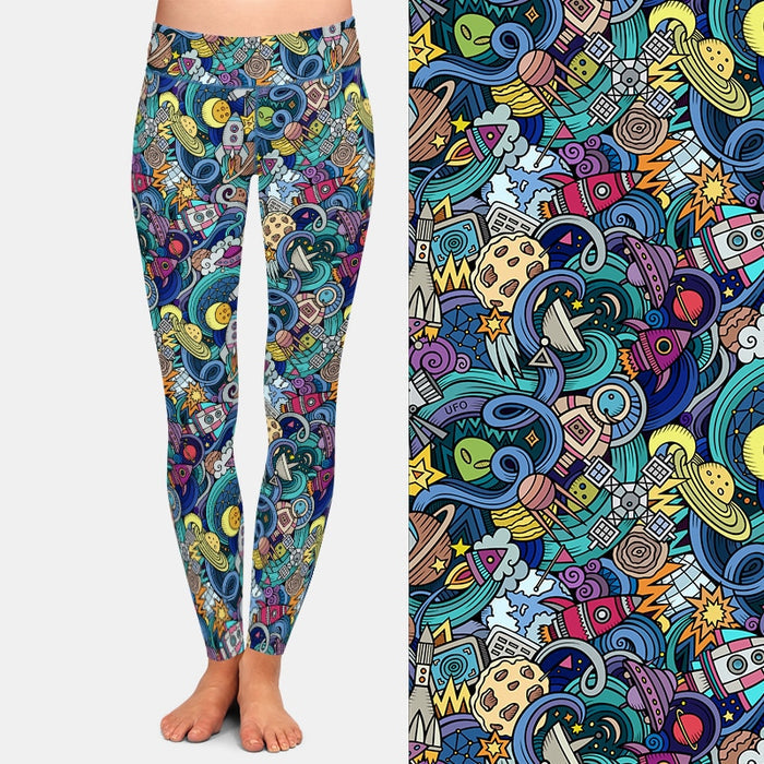 Ladies Casual 3D Cartoon Hand-Drawn Space Style Printed Leggings