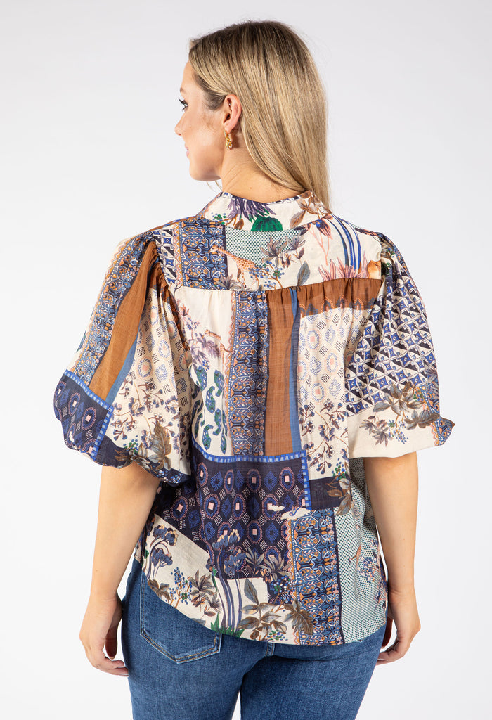 Patchwork Print Balloon Sleeve Blouse