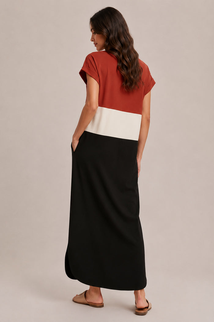 The Everly Color Block Maxi Dress in Rust (Final Sale)