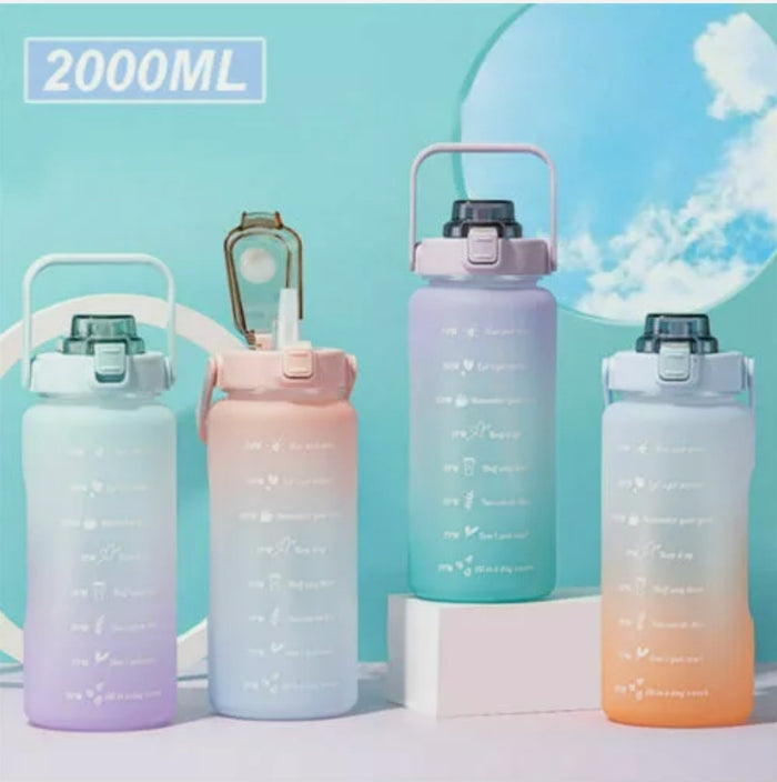 2L Water Bottle Motivational Drink Flask With Time Markings BPA Free For Sports Or Gym