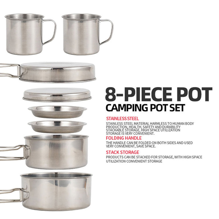 8pcs Camping Pot Set - Stainless Steel Tableware/Cookware