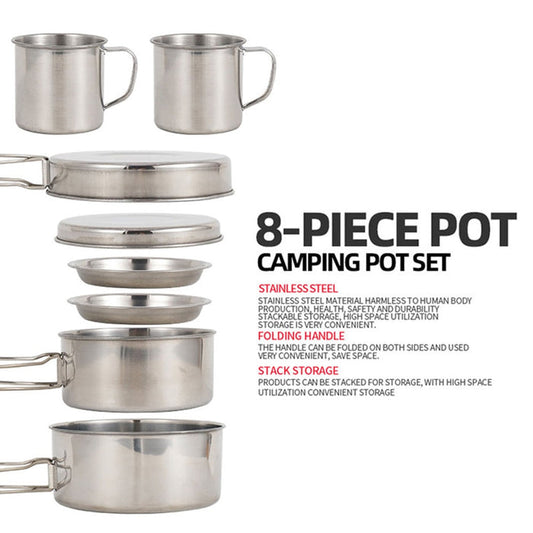 8pcs Camping Pot Set - Stainless Steel Tableware/Cookware