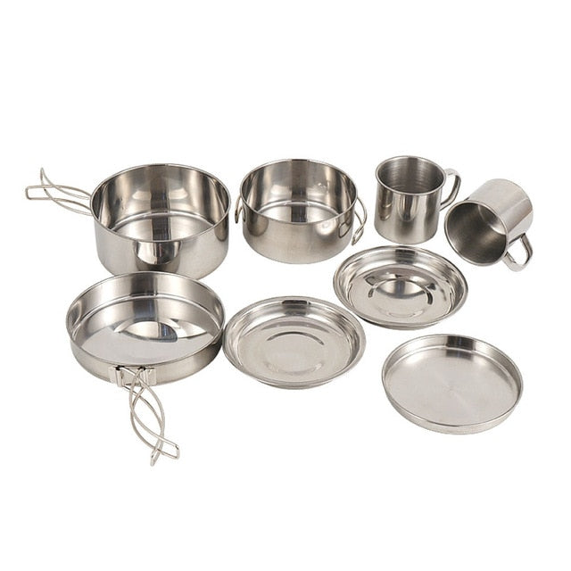 8pcs Camping Pot Set - Stainless Steel Tableware/Cookware