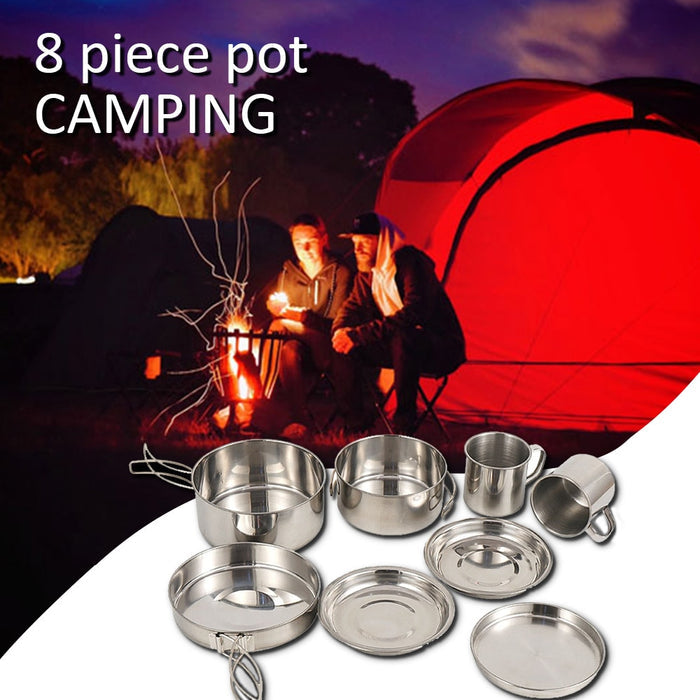 8pcs Camping Pot Set - Stainless Steel Tableware/Cookware