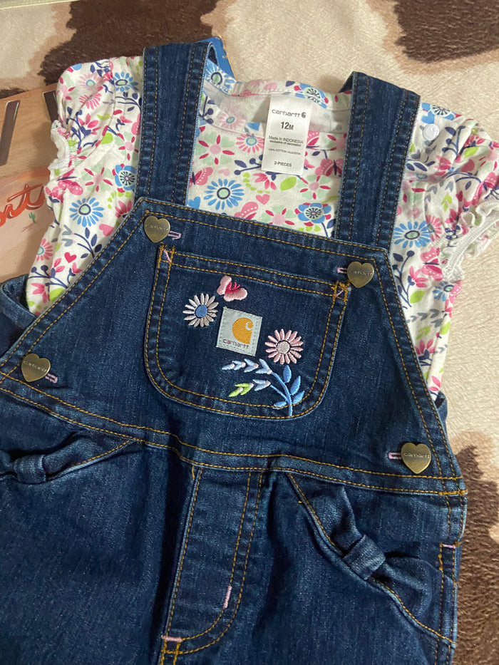 Pre-Loved Carhartt Baby Girls Floral Denim Overalls & Shirt Set, 12 Months - Deer Creek Mercantile