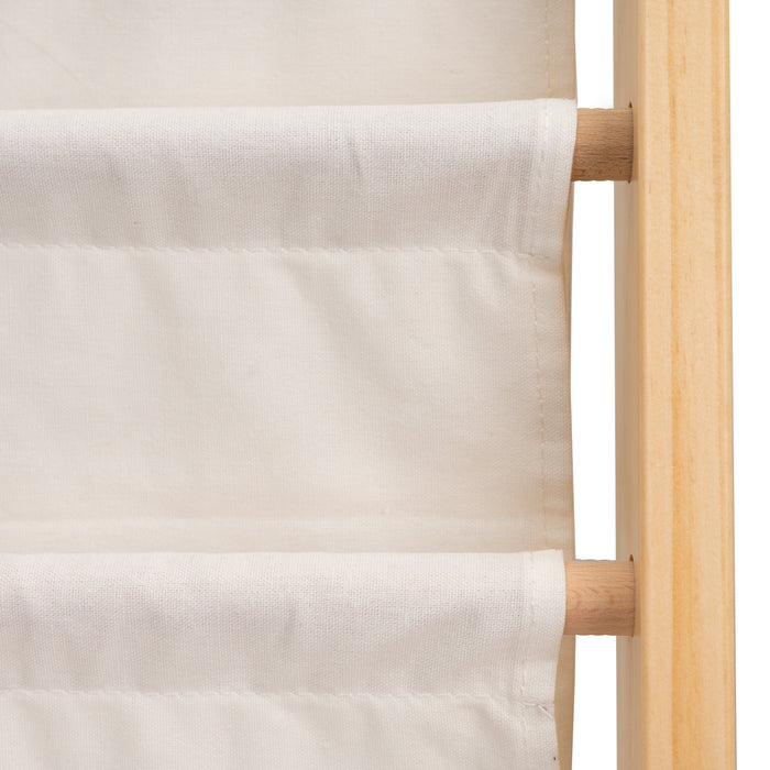 Top canvas sling and smooth wooden dowel of the natural Henry kids bookcase