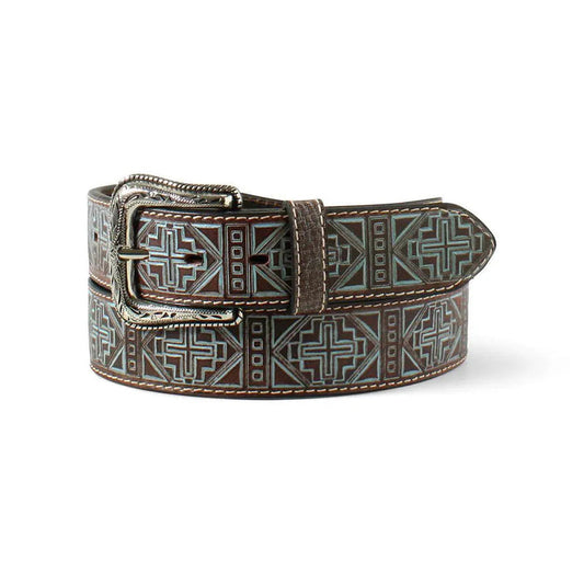 Ariat Blue Tooled Aztec Cross- Womans Leather Belt - Hatcountry