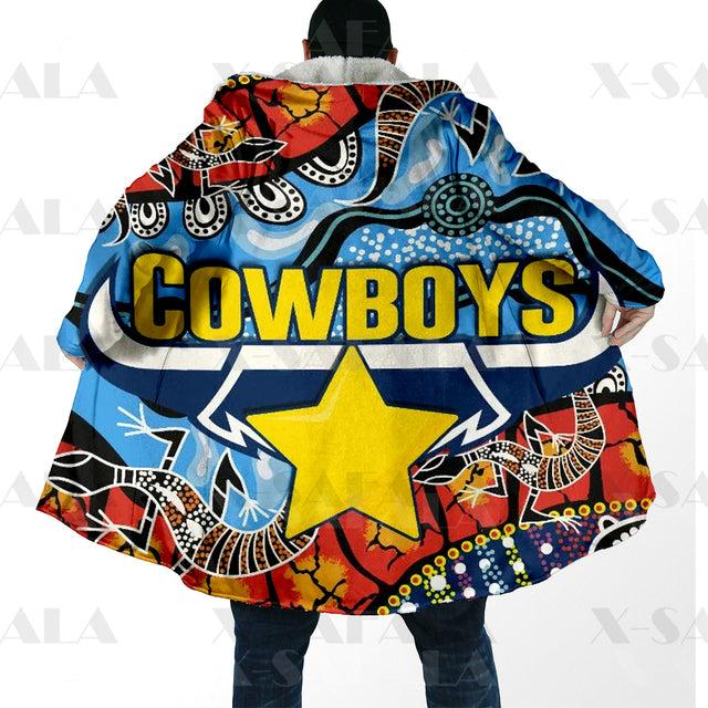Assorted Anzac Day Indigenous Printed NRL Duffle Hooded Cloaks - Cowboys