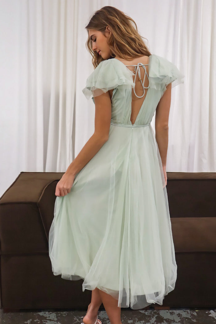 Athena Tulle Midi Dress - Light Sage - Runway Goddess