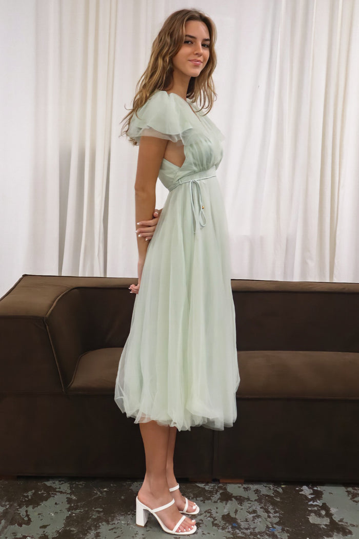 Athena Tulle Midi Dress - Light Sage - Runway Goddess