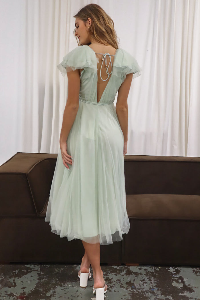 Athena Tulle Midi Dress - Light Sage - Runway Goddess