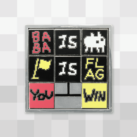 A closeup of Baba Is Pin showing that it's a real sliding block puzzle. Starting at the top left, the squares currently read BABA, IS, (Baba), (Flag), IS, FLAG,  YOU, blank, WIN.
