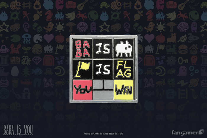 A closeup of Baba Is Pin showing that it's a real sliding block puzzle. Starting at the top left, the squares currently read BABA, IS, (Baba), (Flag), IS, FLAG,  YOU, blank, WIN. It's floating in front of a pattern of Baba Is You icons.
