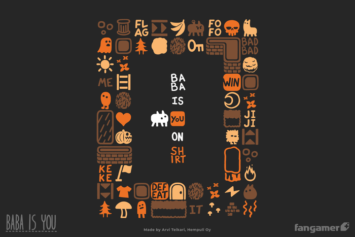 The Baba Is Shirt t-shirt design, featuring autumnal orange and brown images from the game as Baba prepares to push aside the You in a set of tiles reading "Baba Is You On Shirt." Unisex and women's garments are shown glowing subtly in front of a colorful background of Baba Is You sprites.