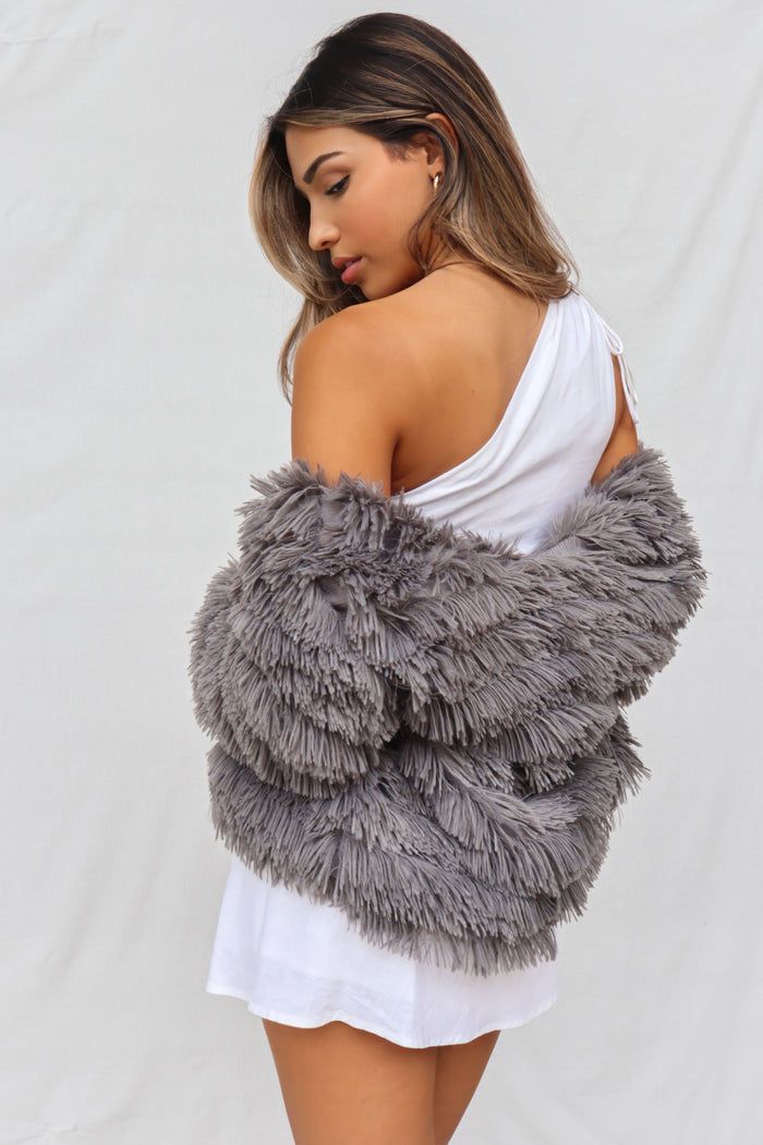 Bambi Faux Fur Jacket - Grey - Runway Goddess