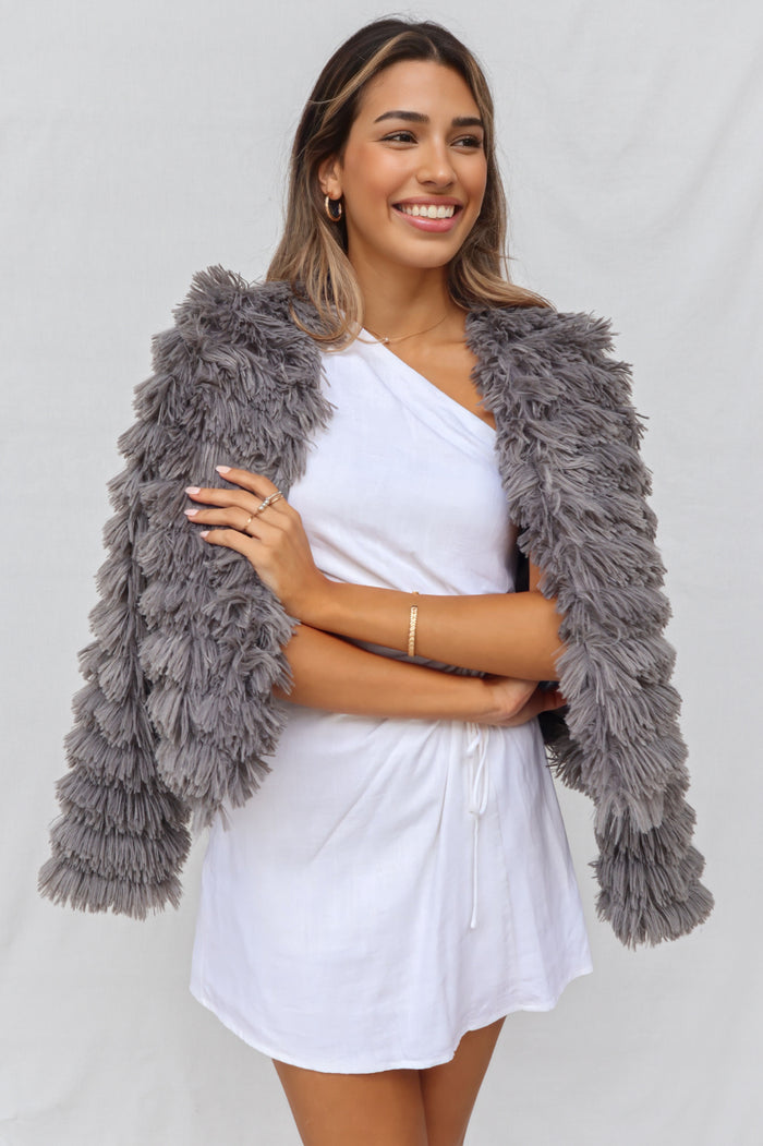 Bambi Faux Fur Jacket - Grey - Runway Goddess