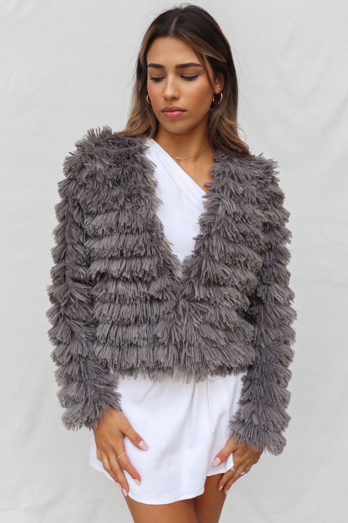 Bambi Faux Fur Jacket - Grey - Runway Goddess