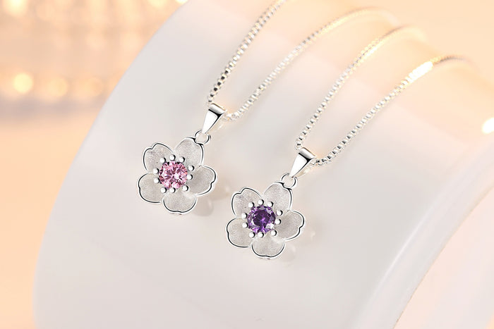 Beautiful 925 Sterling Silver Flower Necklaces With Pink Or Purple Crystal Zircon - Length 45CM