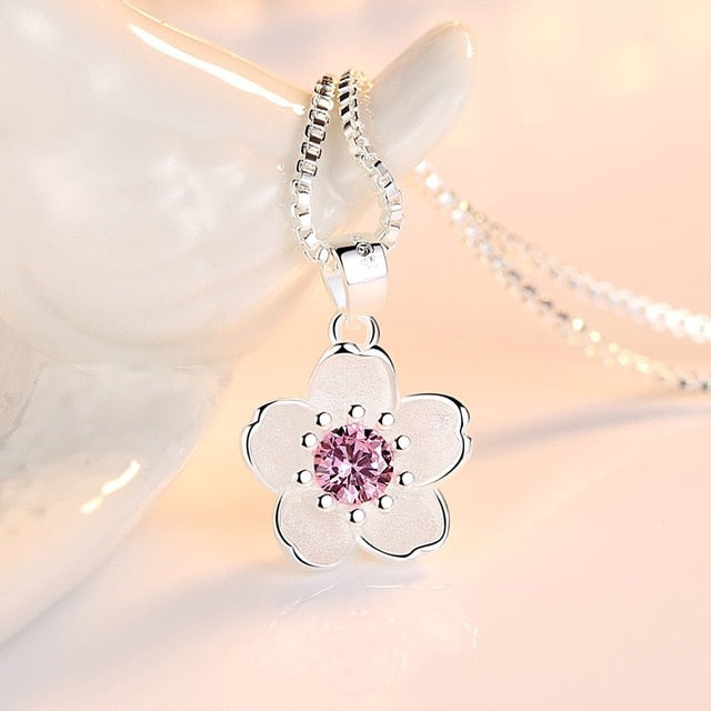 Beautiful 925 Sterling Silver Flower Necklaces With Pink Or Purple Crystal Zircon - Length 45CM