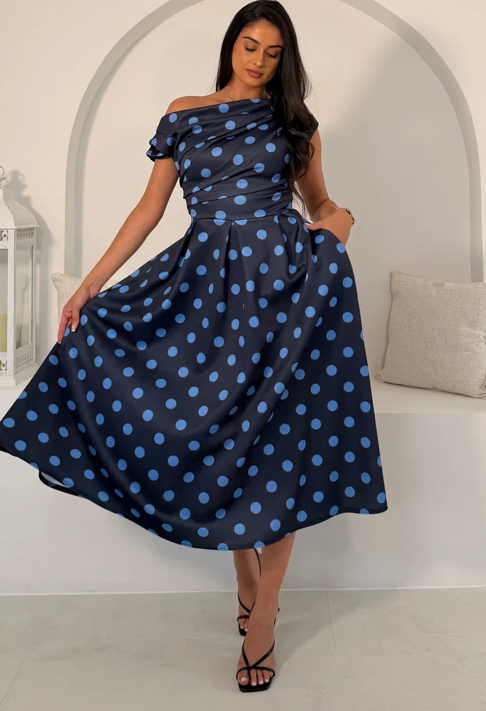 Betty Asymmetric Polka Dot Midi Dress