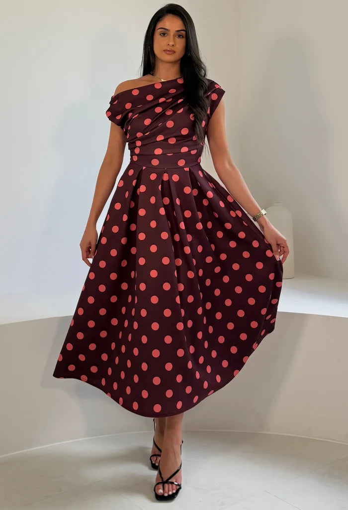 Betty Asymmetric Polka Dot Midi Dress