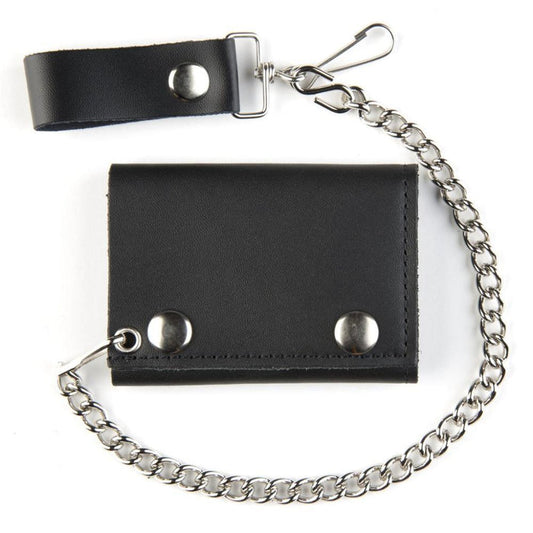 Black Leather Trifold Wallet With Chain