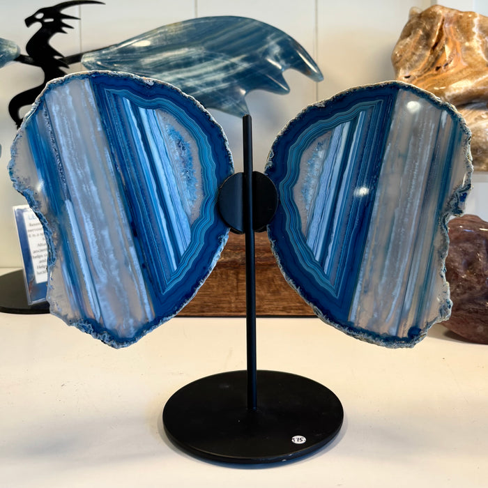 Blue Agate Butterfly Wings with Stand