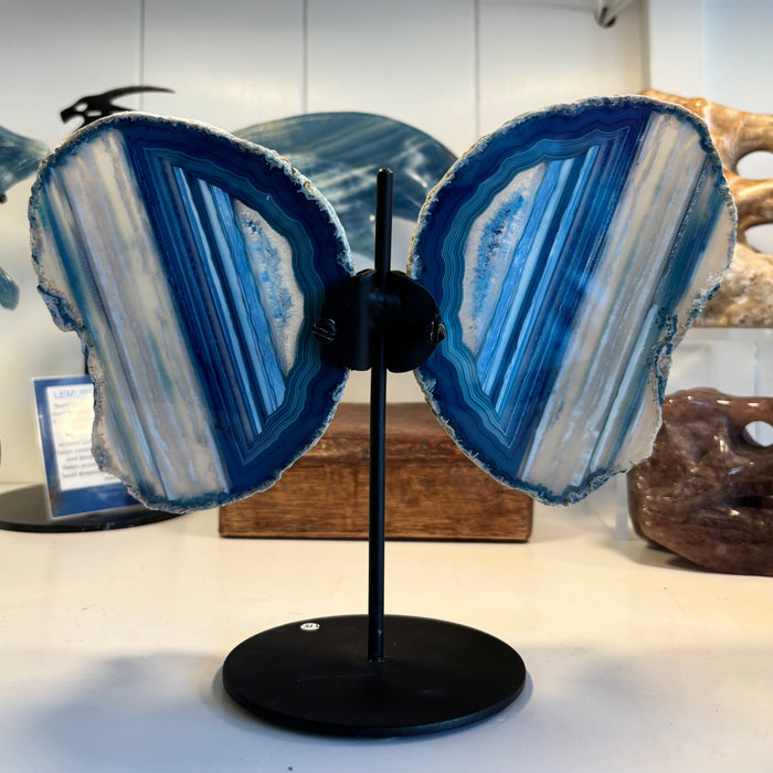 Blue Agate Butterfly Wings with Stand