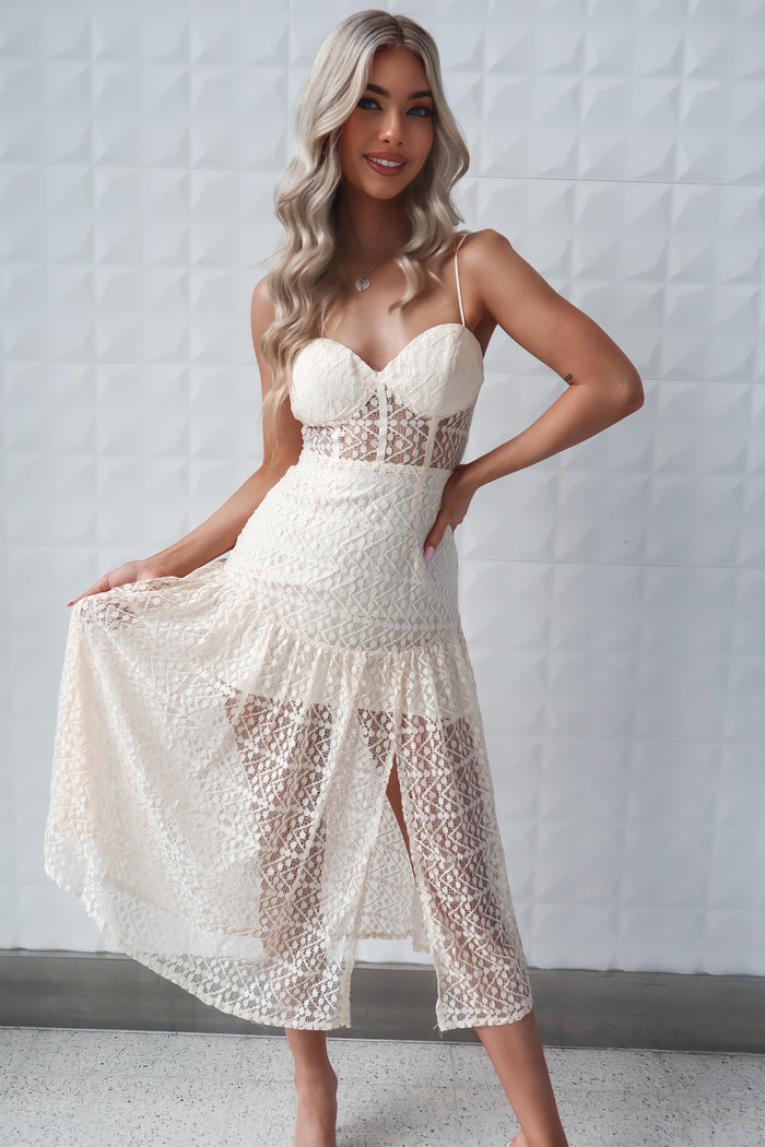 Brailey Lace Midi Dress - Beige Cream - Runway Goddess