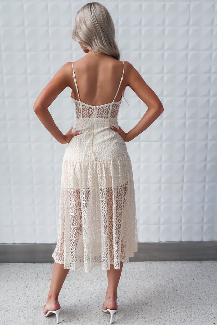 Brailey Lace Midi Dress - Beige Cream - Runway Goddess