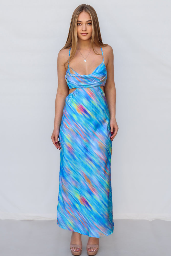 Britney Maxi Dress - Blue Rainbow Stripes - Runway Goddess