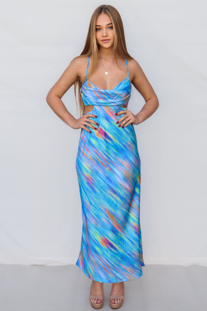 Britney Maxi Dress - Blue Rainbow Stripes - Runway Goddess