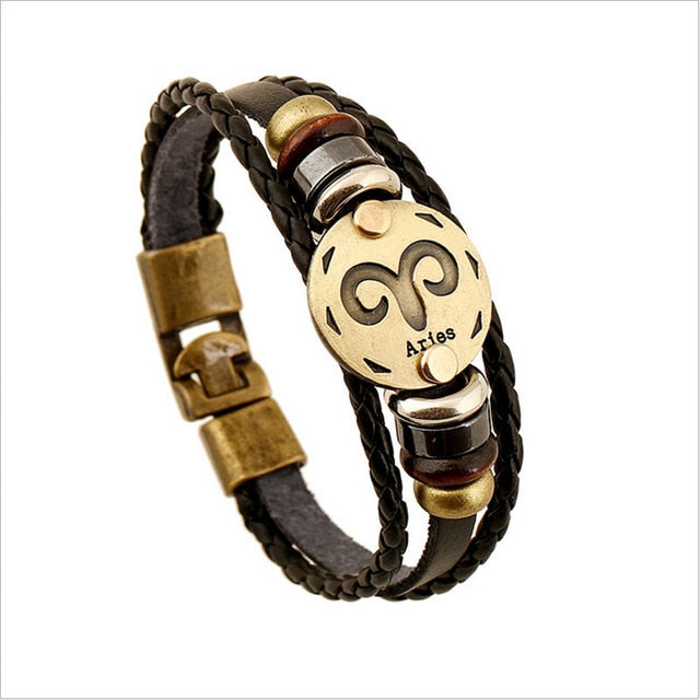 Bronze Alloy Leather Zodiac Bracelet