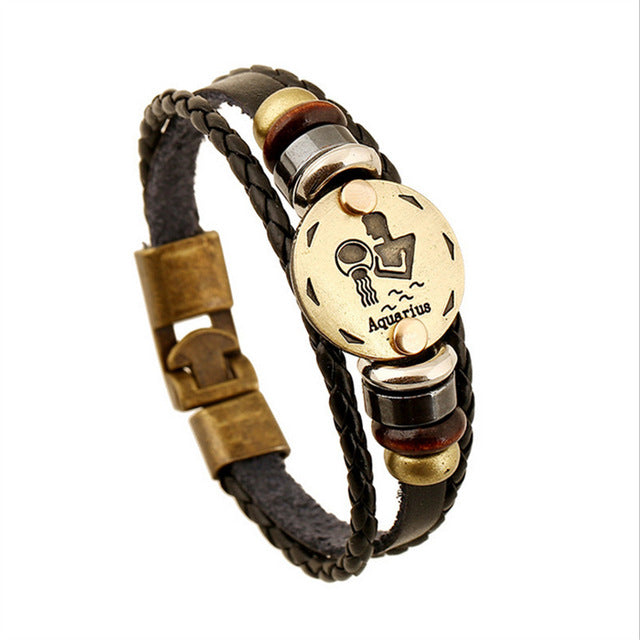 Bronze Alloy Leather Zodiac Bracelet