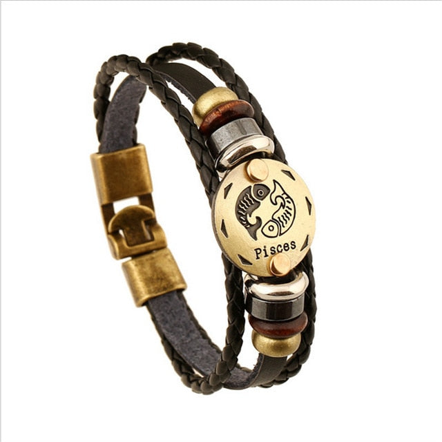 Bronze Alloy Leather Zodiac Bracelet