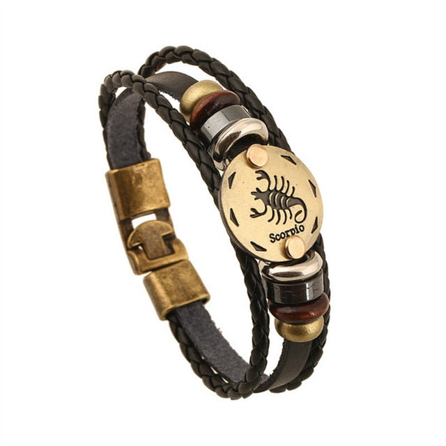 Bronze Alloy Leather Zodiac Bracelet