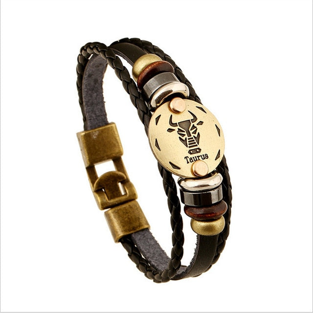 Bronze Alloy Leather Zodiac Bracelet