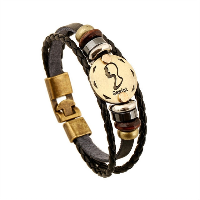 Bronze Alloy Leather Zodiac Bracelet