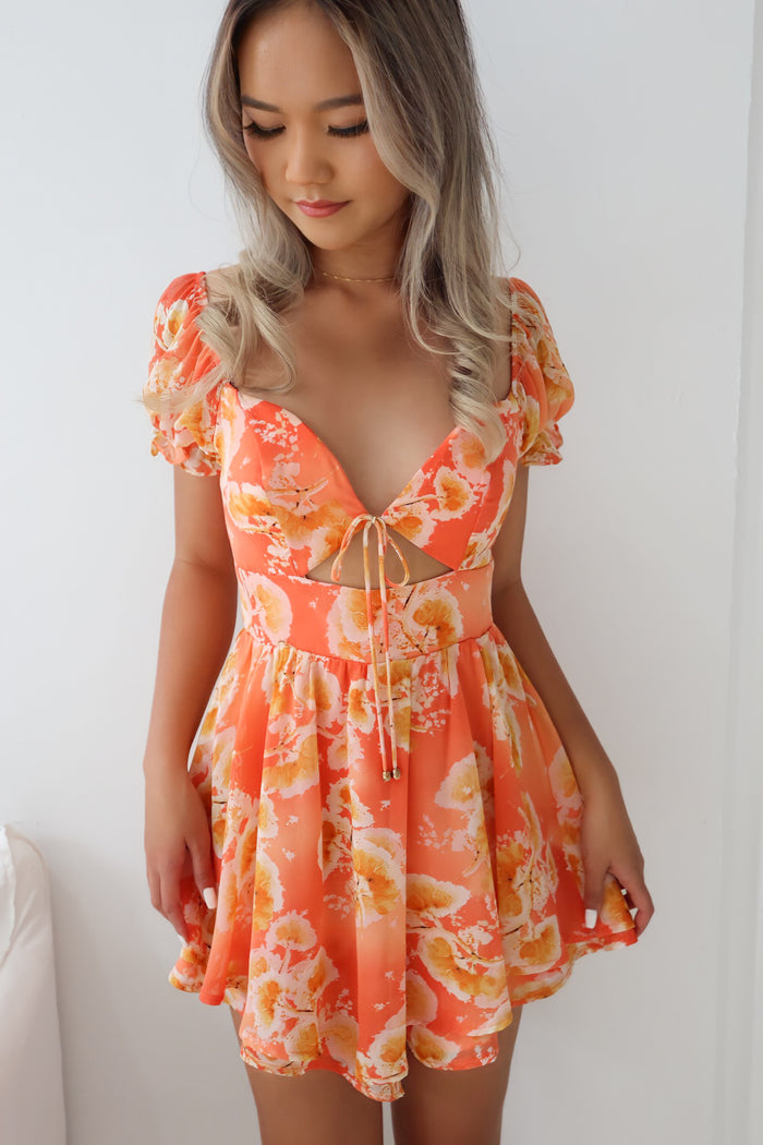 Caroline Playsuit - Orange Floral - Runway Goddess