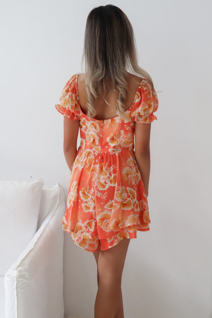 Caroline Playsuit - Orange Floral - Runway Goddess