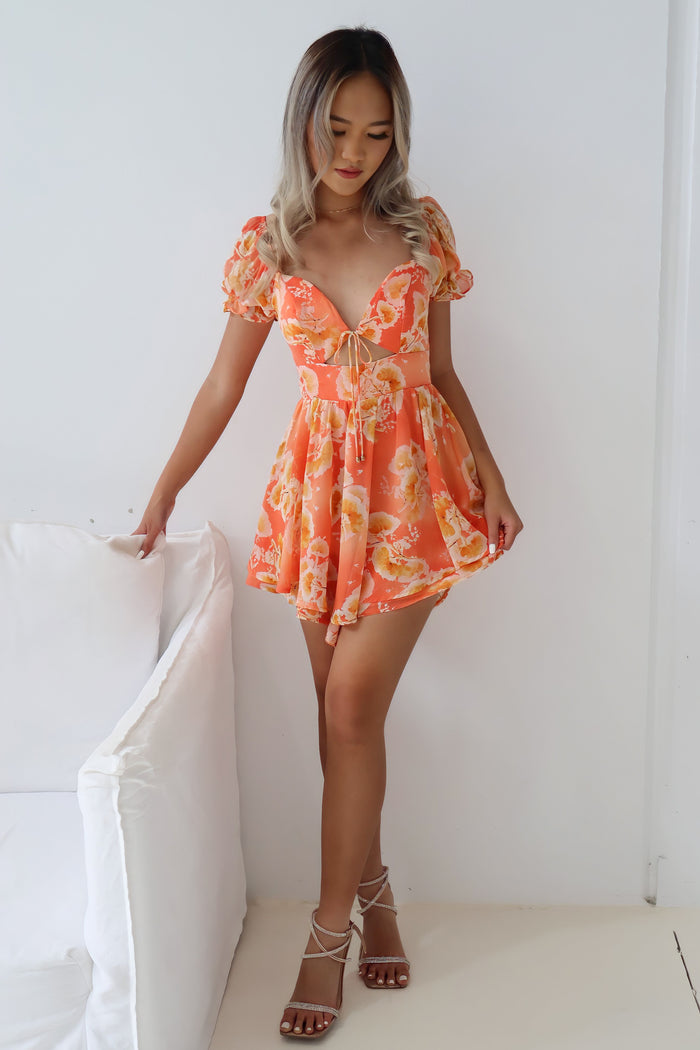 Caroline Playsuit - Orange Floral - Runway Goddess