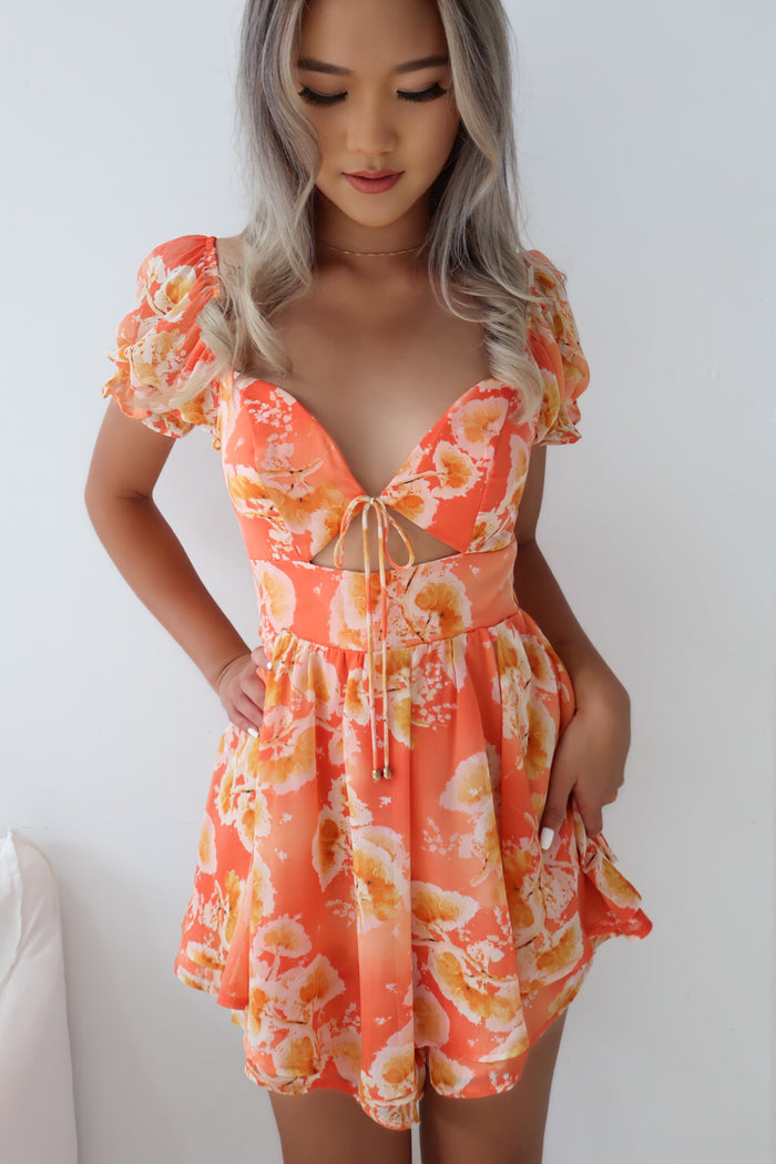 Caroline Playsuit - Orange Floral - Runway Goddess